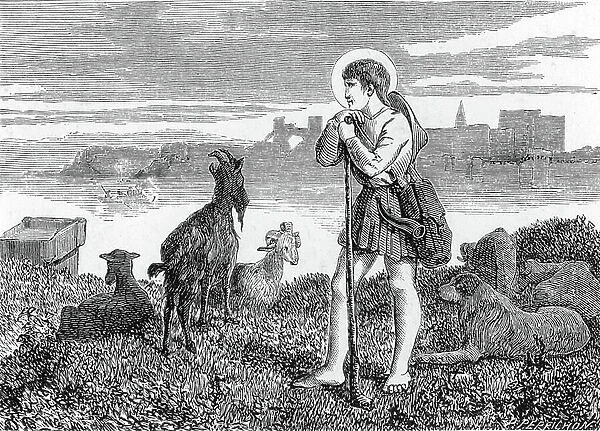 Representation of the young shepherd Saint Benezet d'Avignon (1165-1184) at the origin of the construction of the bridge-building Brotherhood. 19th century (engraving)