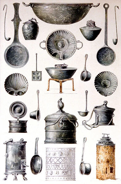 Reproduction of cooking utensils, from The Houses and Monuments of Pompeii, by Fausto and Felice Niccolini, Volume IV, Supplement, Plate XVII, 1854-1896 (colour litho)