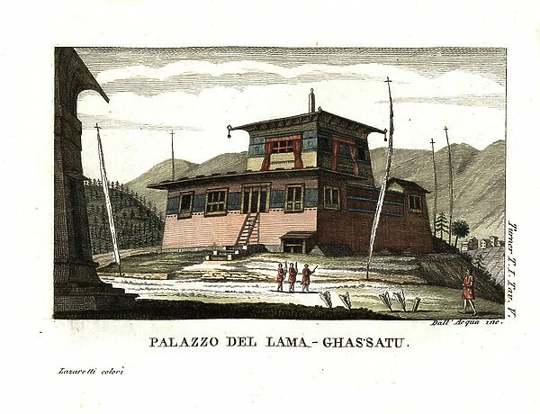Residence of the Lama Ghassatoo (Ghassatou), Bhutan (Bouthan). Illustration by Lieutenant Samuel Davis From Captain Samuel Turner (1759-1802) Account of an Embassy to the Court of the Teshoo Lama in Tibet 1800