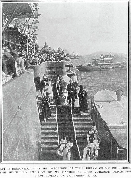 After resigning what he described as 'The dream of my childhood, the fulfilled ambition of my manhood': Lord Curzon's (1859-1925) departure from Bombay on November 18th, 1905 (b / w photo)