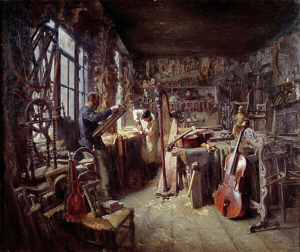 A restorer in his workshop full of instruments. Painting by Claude Firmin (1864-1944) 1896 Avignon musee Calvet Attention! Use of this work may be subject to a third party authorization request or additional fees