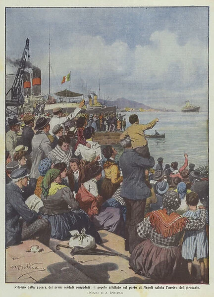 Returning from the war of the first soldiers discharged, the people crowded in the port of Naples say goodbye... (colour litho)