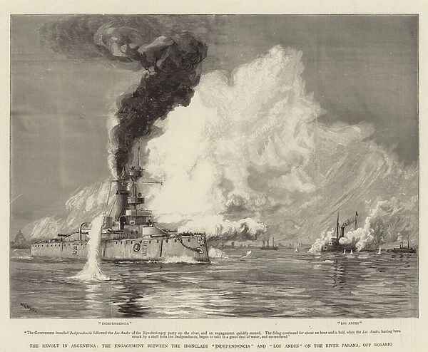 The Revolt in Argentina, the Engagement between the Ironclads 'Independencia'and 'Los Andes'on the River Parana, off Rosario (engraving)