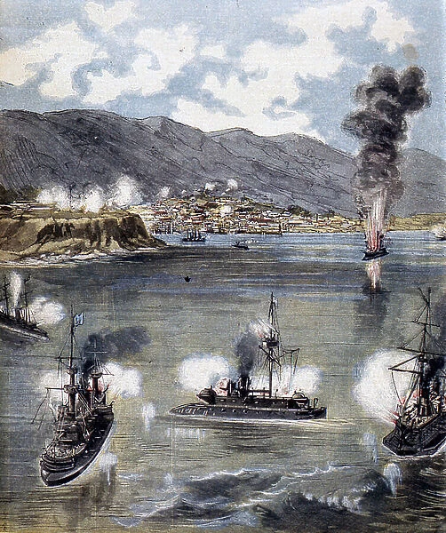 Revolution in Chile 1891. The rebel fleet bombarding the town of Valparaiso. French illustration