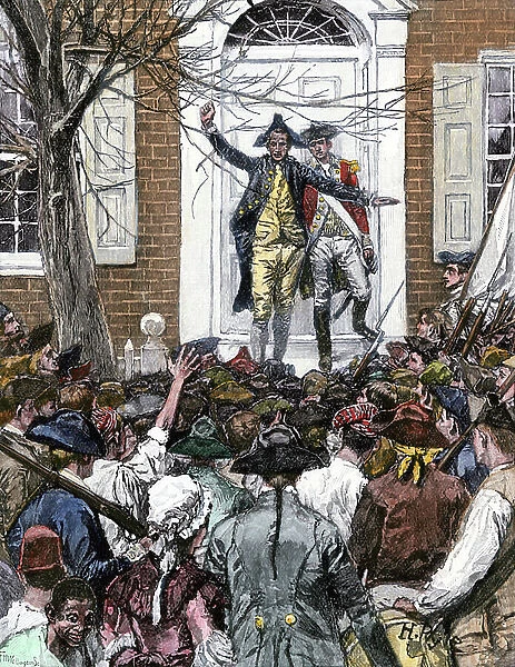 Revolutionary crowd at King's College (now Columbia University, New York), 1775. Alexander Hamilton (1757-1804) delaying the patriotic hustle at the entrance of the building. 19th century lithography
