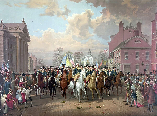 Revolutionary War 1775-1783 (American War of Independence): George Washington riding in triumph through streets of Boston after 11-month siege ended with the withdrawal (evacuation) of British forces. Chromolithograph 1879