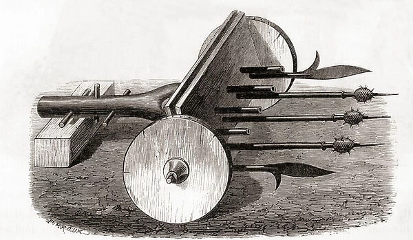 A Ribauldequin, infernal machine or organ gun, armed with small cannon and pikes