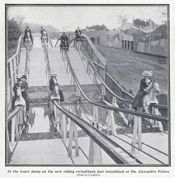 Riders at the water jump on the new riding switchback at the Alexandra Palace, Muswell Hill, London (b  /  w photo)