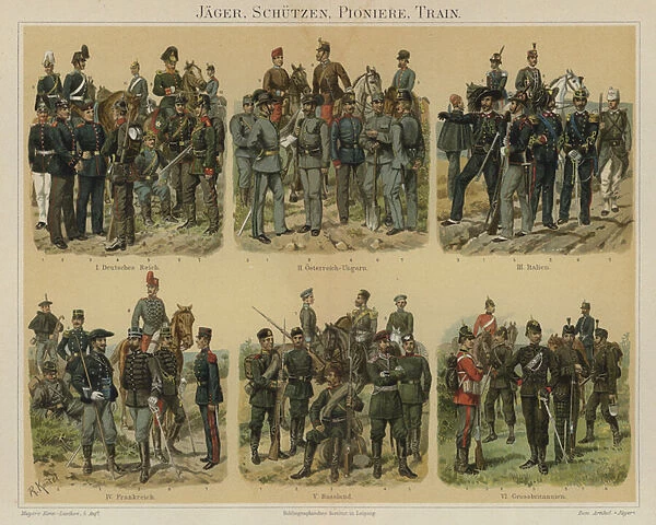 Riflemen, pioneers and supply troops of European armies (colour litho)