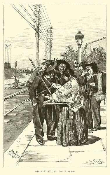 Riflemen waiting for a train (engraving)