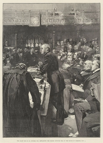 The Right Honourable H H Fowler, MP, explaining the Parish Councils Bill in the House of Commons, 2 November (engraving)