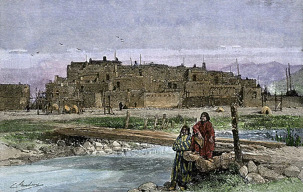 The Rio de Taos Pueblo (or Rio Pueblo), with the Rio Grande, New Mexico (USA), around 1800. In front of the village of adobe houses, horno ovens, for cooking food. 19th century lithography