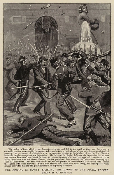 The Rioting in Rome, Fighting the Crowd in the Piazza Navona (litho)