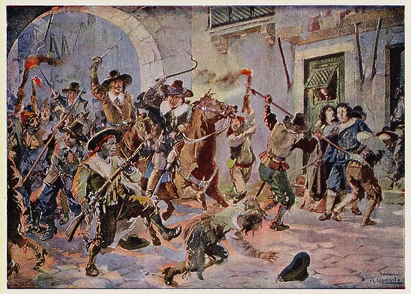 Riots in Lisbon during the reign of King Afonso VI of Portugal, 17th Century (colour litho)