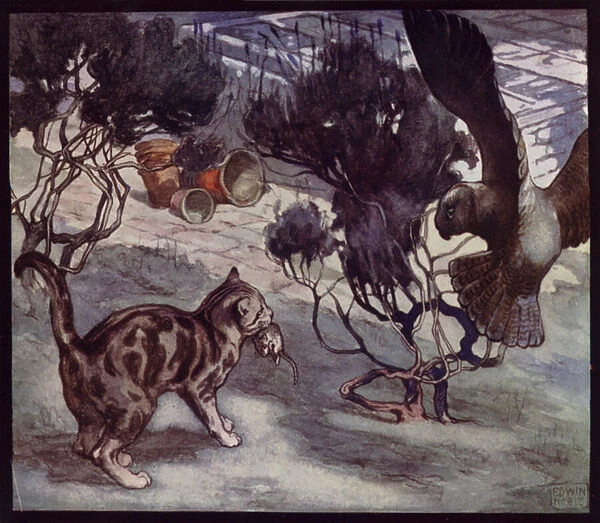 Rival Mouse-Hunters, Cats and Owl (colour litho)
