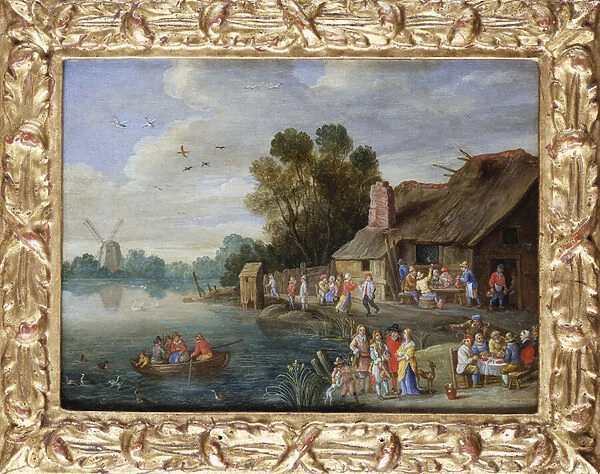 A River Landscape with Gentry at a Village Inn (oil on copper)