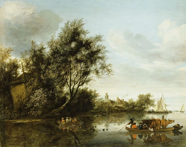 A River Landscape with a Hayloft among Trees and a Ferryboat with Passengers and Cattle