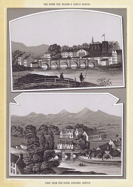 The River Usk, Bridge and Castle Brecon; View from the Gardens, Brecon (litho)