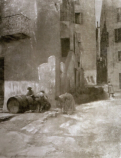 A road in a popular quarter of Menton. In the foreground two children are playing next to a barrel. At the center of the picture a woman is bending over a pail and cleaning it