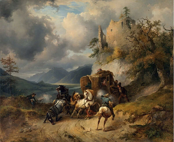 The Robbery par Gauermann, Friedrich August Matthias (1807-1862). Oil on canvas, size : 60, 5x74, 1834, Private Collection