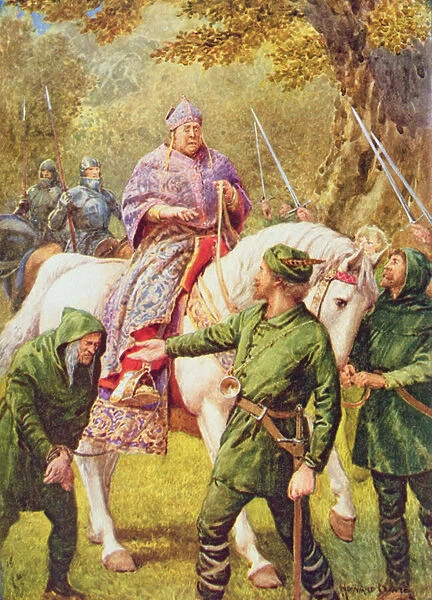 Robin Hood meets the Bishop of Hereford, illustration from Robin Hood and his Life in the Merry Greenwood, told by Rose Yeatman Woolf, published by Raphael Tuck, 1910-20 (colour litho)