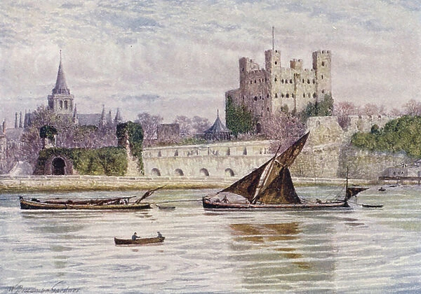 Rochester Castle and Cathedral from across the Medway (colour litho)
