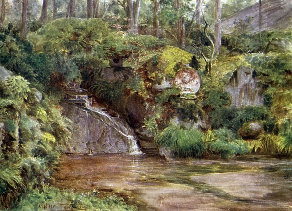 A Rock Garden at Nikko with Kwannon Image (colour litho)