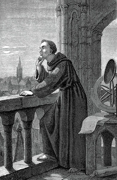 Roger Bacon (c1214-92) English experimental scientist, philosopher and Franciscan (Grey Friar): called Doctor Mirabilis'. Bacon in his observatory at the Franciscan monastery, Oxford, England. Artist's impression 1867. Engraving
