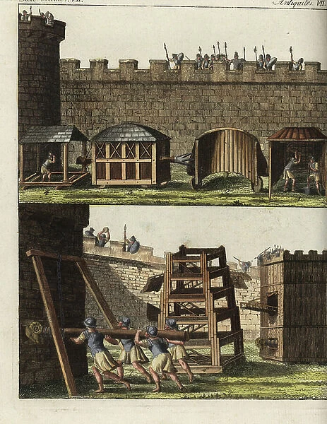 Roman antiquite: seat machines, shelter for digging a tunnel 1, semi-circular shelter 2, shelter with belier 3, shelter on rolling cylinder 4, seat tower 5, tower of five stages 6