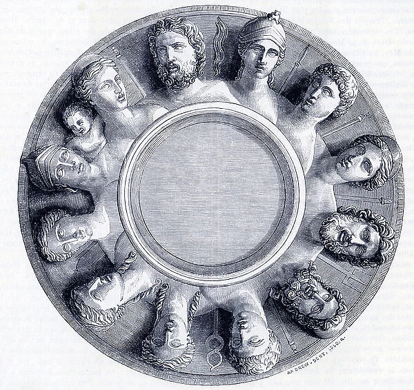 Roman Art: representation of the altar of the twelve deities of Olympus - Marble sculpture, from Gabii (Lazio), 1st-2nd century AD, Louvre museum. 19th century (engraving)