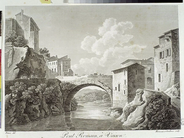 Roman bridge to Vaison-la-Romaine (Vaison la Romaine in the Vaucluse). Anonymous engraving of the 19th century. Musee Arbaud, Aix en Provence (Bouche du Rhone)