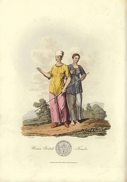 Roman British females (coloured engraving)