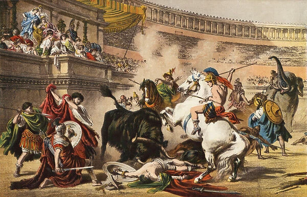 A Roman Bull Fight (colour litho)