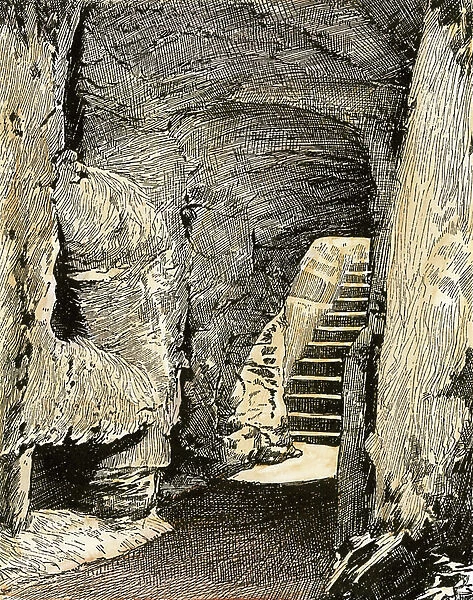 Roman Empire: the entrance of the catacombs under Rome (Italy), where the first Christians hid. Colour engraving, 19th century