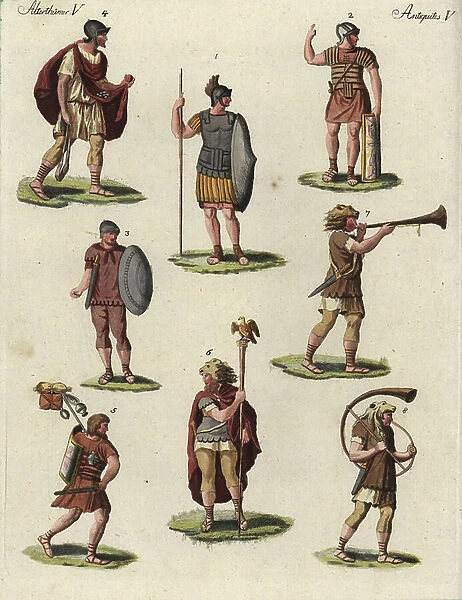 Roman Legionnaires - Heavily armed Roman legionnaires 1,2, lightly armed soldiers 3,4, Roman soldier with pack on a march 5, eagle bearer 6 and trumpet and horn players 7,8