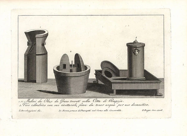 Roman mills for olives and grain, with a cylindrical vase. 1802 (engraving)