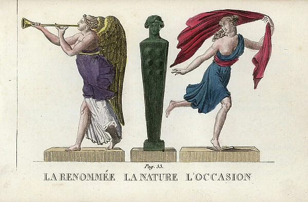 Roman mythology: Rename, Nature and Opportunity - Eau forte by Jacques Louis Constant Lacerf, based on an illustration by Leonard Defrance (1735-1805), extracted from mythology in fabulous prints or divine figures, circa 1820 - Fama, Nature