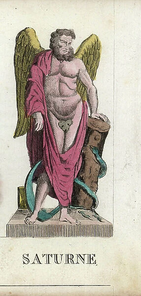 Roman mythology: Saturn, god of wealth and time, father of the gods, with wings and its attributes, the false and the snake - Eau forte by Jacques Louis Constant Lacerf, based on an illustration by Leonard Defrance (1735-1805)