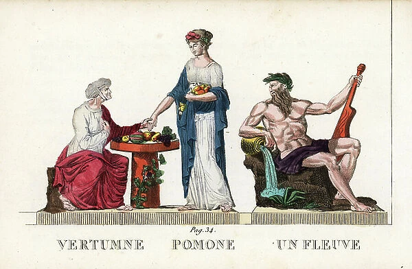 Roman mythology: Vertumne, Pomone and a river divinite - Eau forte by Jacques Louis Constant Lacerf, based on an illustration by Leonard Defrance (1735-1805), extracted from mythology in fabulous prints or divine figures, circa 1820 - Vertumnus