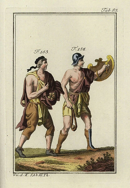 Roman slingers with slingshot and stones. Handcolored copperplate engraving from Robert von Spalart's ' Historical Picture of the Costumes of the Principal People of Antiquity and of the Middle Ages' (1798)