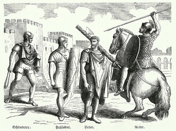 Roman soldiers and lictor (engraving)