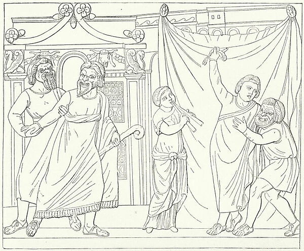 Roman theatre scene, possibly from Andria, a play by Terence (engraving)