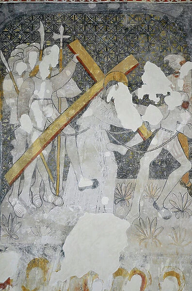 Romanesque Art: Episode of the Life of Christ: 'The carrying of the cross' Fresco of the 12th century. Church of Saint Quitterie, Massels (47140)