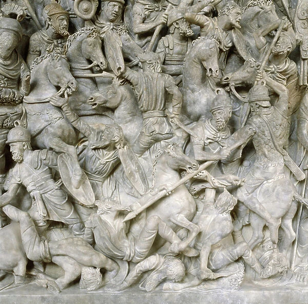 Romans in battle against the Barbarians. 2nd century (sculpture displayed at the National Museum, Rome)