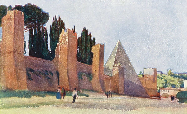 Rome: Aurelian Wall with Pyramid of Caius Cestius (colour litho)
