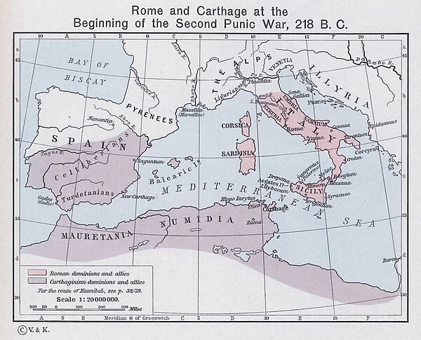 Rome and Carthage at the Beginning of the Second Punic War, 218 BC (colour litho)