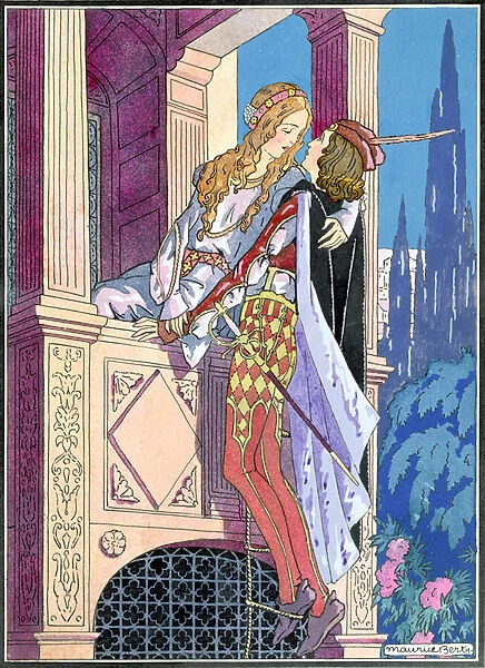 Romeo and Juliet in the balcony scene, c. 1920 (colour litho)