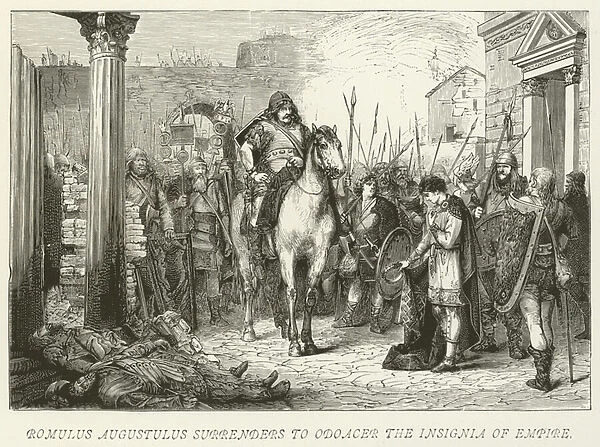 Romulus Augustulus surrenders to Odoacer the Insignia of Empire (engraving)