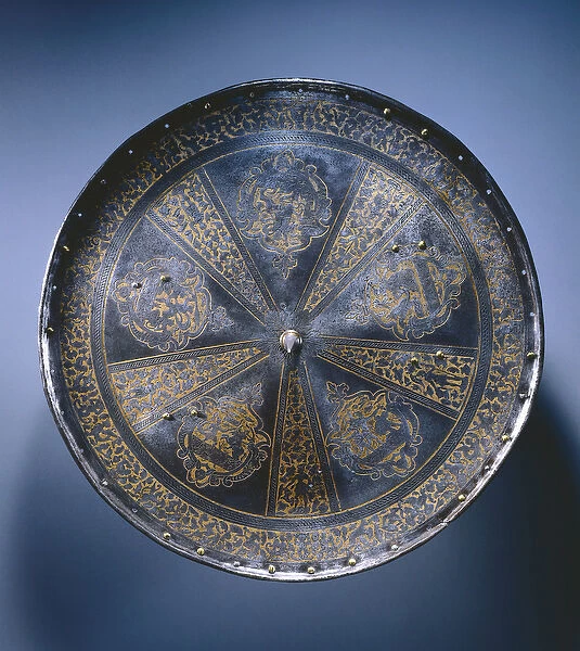 Rondache, or round shield, c. 1570 (etched & gilded steel with brass rivets)