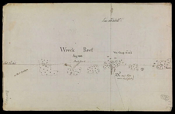 Roughly sketched chart of Wreck Reef 1803 from a collection of technical memoranda and correspondence from the Admiralty, 1812-1814 FLI / 7 / 22 (drawing)